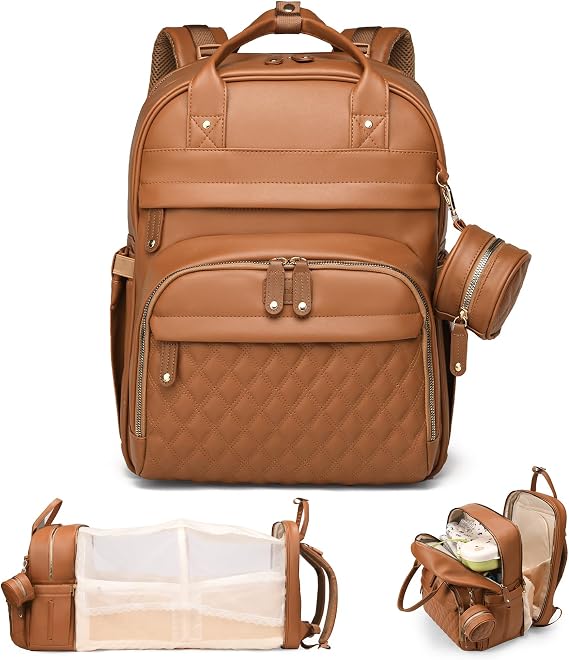 Leather Baby Diaper Bags Backpack with Changing Station(Brown)
