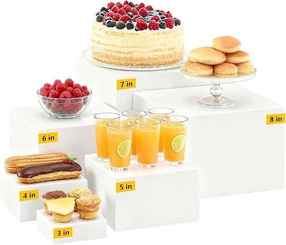 APACALI 6 Pack Buffet Risers, 6 Sizes (3", 4", 5", 6", 7", 8") Food Display Stand, Stackable Food Stands Party Display, Acrylic Boxes for Display Dessert Jewelry Collectibles, White