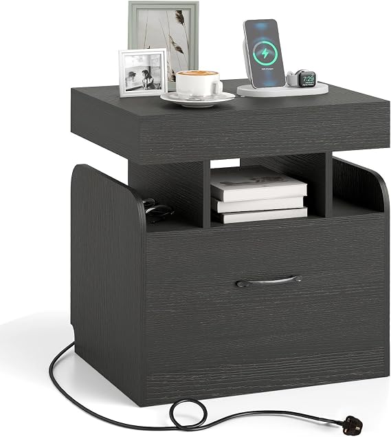 COSTWAY Bedside Table with Charging Station, Wooden Nightstand End Sofa Side Table with Drawer, Hidden Pull-Out Tray and Open Storage, Modern Bedside Cabinet for Living Room Bedroom (1, Black)