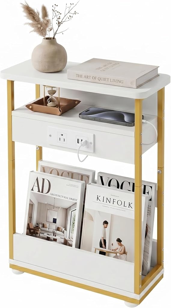 YEAKOO Narrow Side Table With Charging Station, 3 Tier End Table with 2 USB Ports & Power Outlets,Slim Sofa Side Table for Narrow and Small Spaces, Bedside Table Nightstand for Living Room/White+Gold