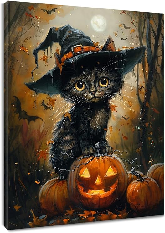 LB Halloween Canvas Wall Art Cute Black Cat Witchy Hat Horror Pumpkin Tree Print in Scary Dark Night Wall Art Vintage Framed Wall Decor for Bedroom Living Room Bathroom Decor Ready to Hang,8x10 Inch