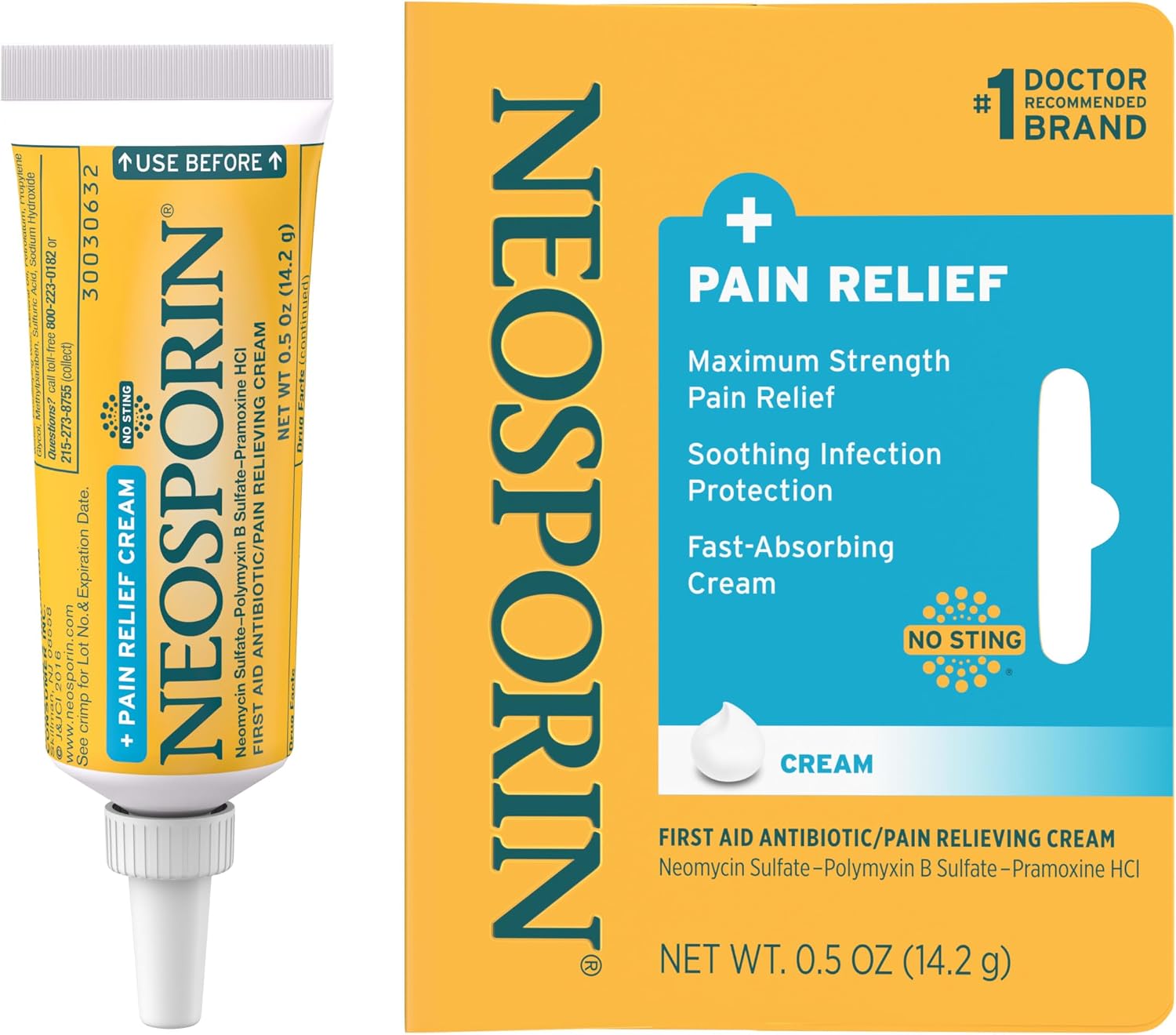 Neosporin  Maximum-Strength Pain Relief Dual Action Cream, First Aid Topical Antibiotic & Analgesic Cream for Wound Care of Minor Cuts, Scrapes & Burns, Polymyxin B & Pramoxine HCl, .5 oz, 2 Pack
