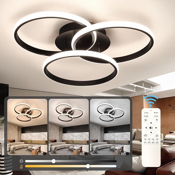 EIDISUNY Modern Ceiling Light LED, 48cm 45W Black LED Dimmable Ceiling Lights Fixtures with Remote Control, 3000K-6500K, Round Ceiling Lamp for LivingRoom DiningRoom Bedroom Kitchen Hallway - 45W [Energy Class E]