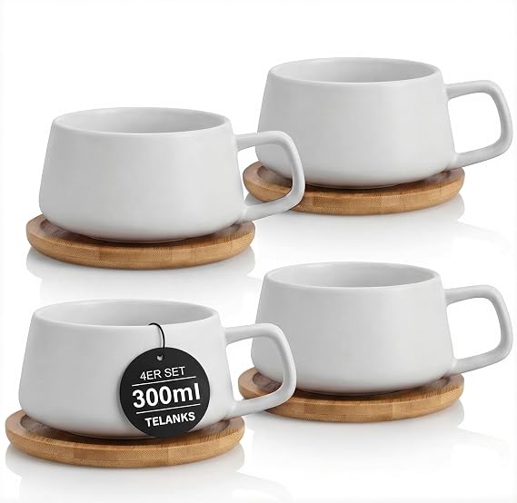 Set of 4 Cappuccino Cups with Saucers, 300 ml Coffee Cups, Espresso Cups Made of Stoneware for Tea, Coffee, Cappuccino, Coffee Cups with Wooden Disc, White