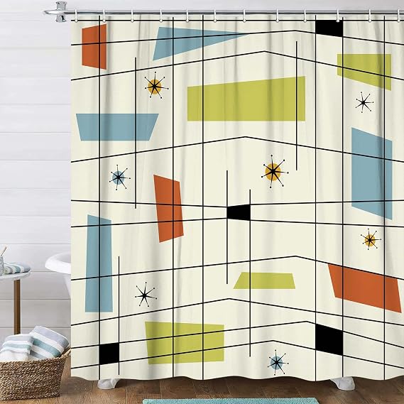 DYNH Mid Century Shower Curtain, Blue Teal Aesthetic Abstract Geometric Shower Curtains, Retro Grid Starbursts 1950S 1960S Modern Minimalist Shower Curtain for Bathroom with Hooks,72X72