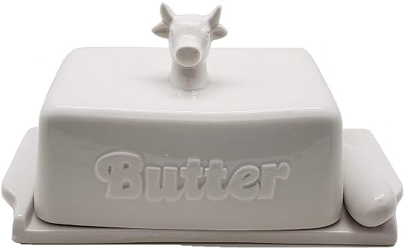 Butter Dish Cow Head Knob With Knife White Stoneware