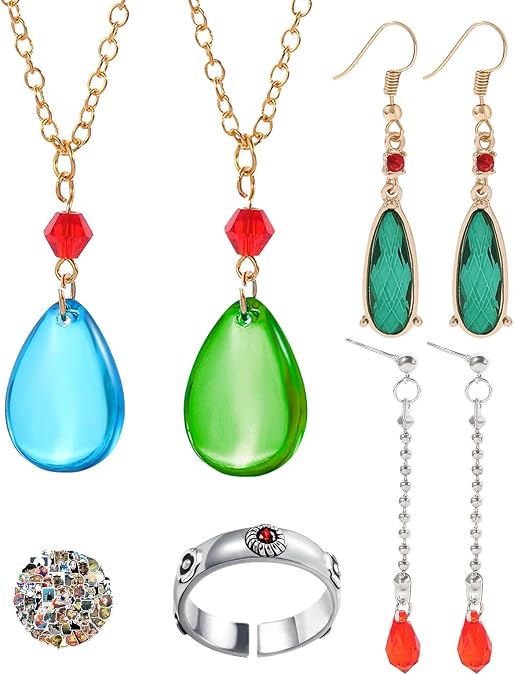YouU Howl's Jewellery Set Green Water Pendant Drop Dangle Earrings Moving Castle Necklace Ruby Stud Earrings Anime Stickers 25 pcs