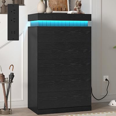 Tall Black 5 Dresser for Bedroom, Sliding Top Storage Space, Modern Wood Drawers with LED Light and Power Outlet, Large Chest of Drawer for Living Room, Hallway, Entryway 5 Drawers,Black