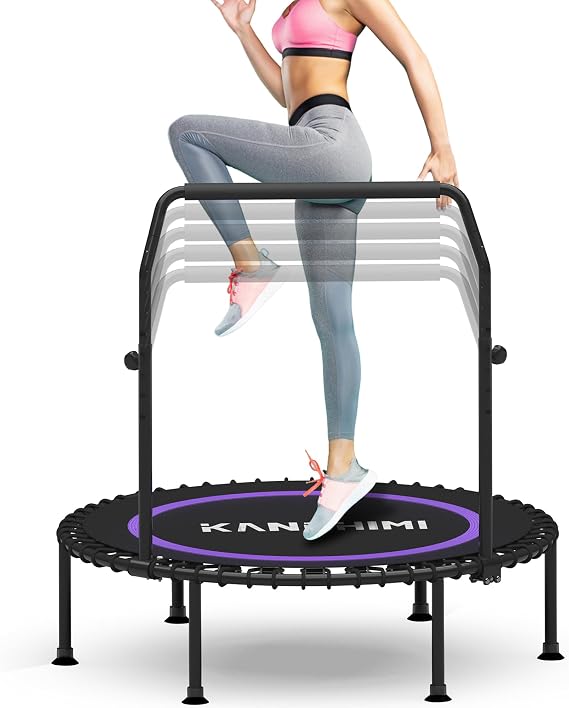 Kanchimi 450/550LBS Mini Rebounder Trampoline for Adults with Bar, 40" /48" Fitness Trampoline Adjustable Foam Handle, Stable&Quiet Exercise Rebounder for Adults Indoor/Outdoor Workout(Purple, 550LBS)