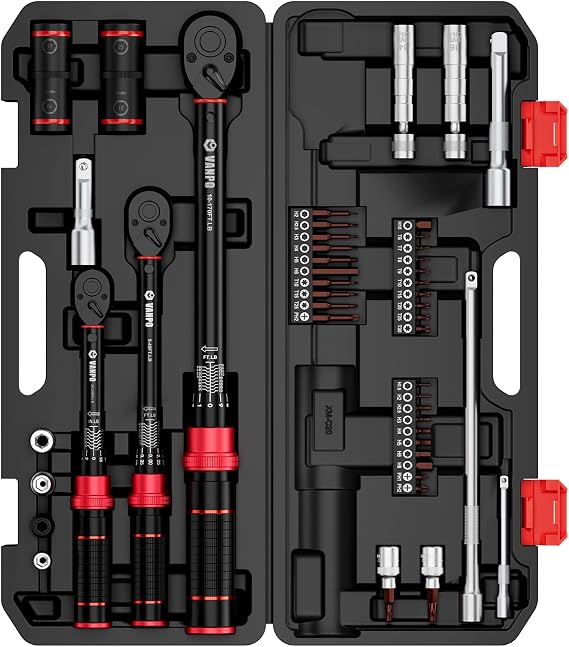 VANPO Torque Wrench Set, 1/4", 3/8", 1/2" Drive, 47-Piece, Click Type