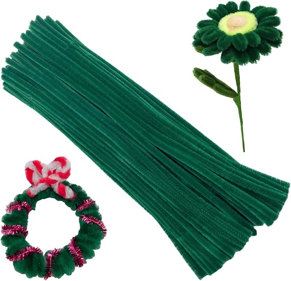 100 Pieces Dark green Craft Pipe Cleaners,6mm x 12inch Thick Fuzzy Chenille Stem Sticks Pipe Cleaners for Craft Art DIY Projects Decorations