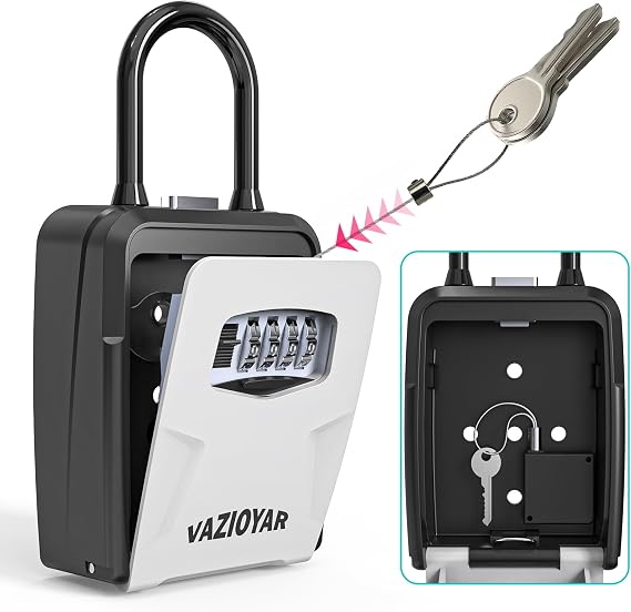Key Lock Box,With Retractable Key Tether,With removable shackle,Upgraded Wall Mounted Key Safe Box, High-Capacity Key Safe Lock Box,Aluminum Alloy Reinforced Lock Body