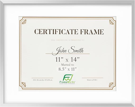 FrameWorks 11x14 Matted to 8.5x11 Deluxe Silver Aluminum Contemporary Diploma Frame with Tempered Glass and Removable Mat