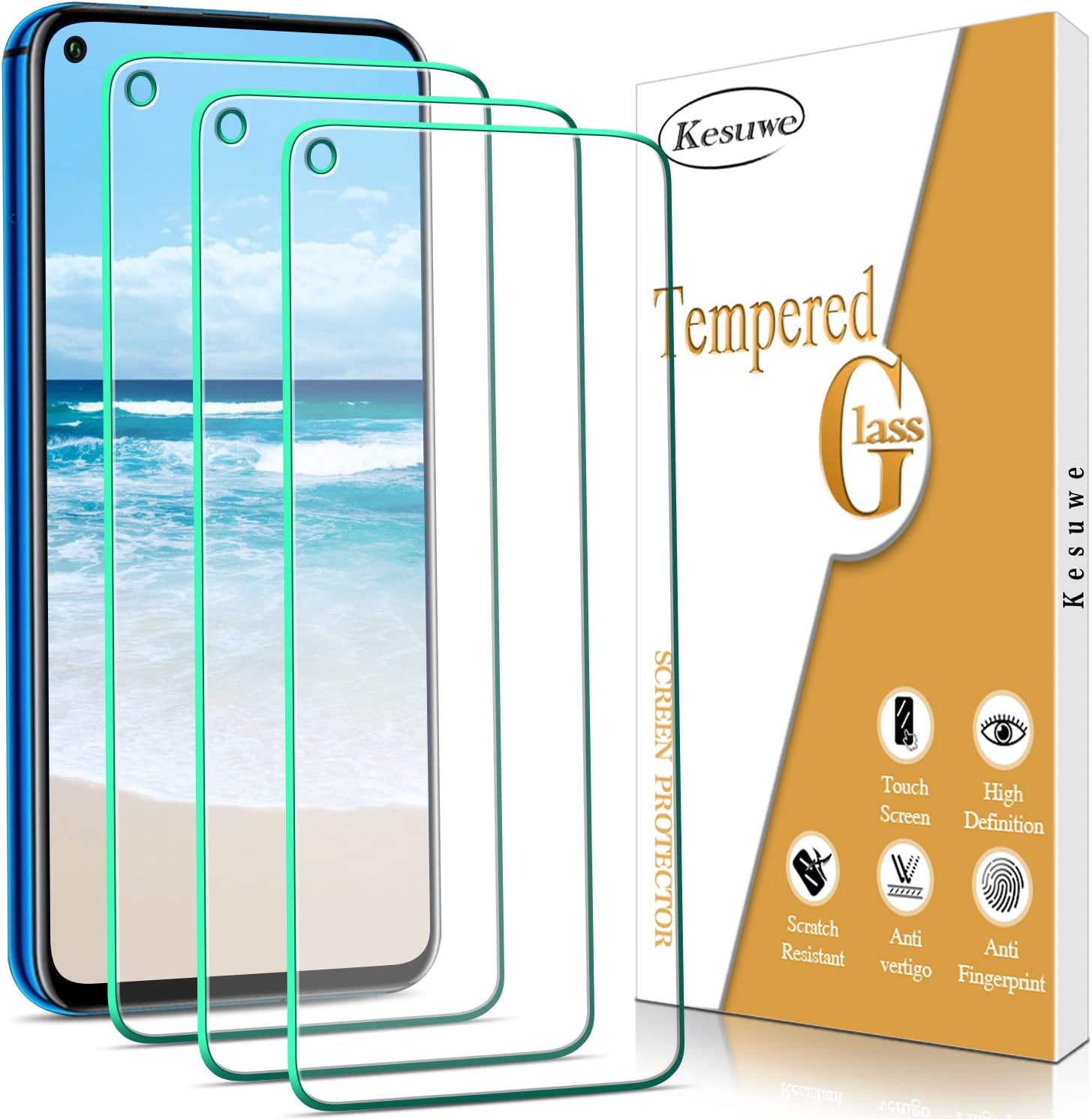 Kesuwe [3 Pack] Screen Protector for Huawei Nova 5T Tempered Glass, Anti-Scratch, 9H Hardness, Easy Installation, Bubble Free, Case Friendly
