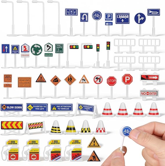 NUOBESTY 56Pcs Traffic Signs Mini Road Signs Traffic Light Toy Set for Kids