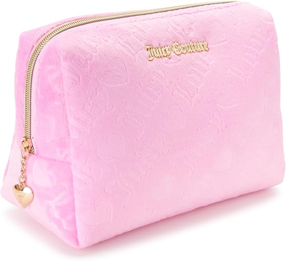 Juicy Couture Velour Pink Makeup Bag, Wedge Cosmetics Organizer, Heart