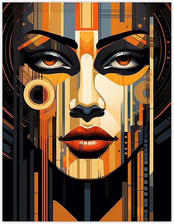 Artery8 Gold Art Deco Futuristic Abstract Bold Striking Artwork Woman Face Metropolis Painting Extra Large XL Wall Art Poster Print