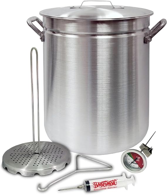 Bayou Classic Turkey Fryer Pot - Vented Lid, Riveted Handles, Poultry Rack, Thermometer, Injector - 42 Qt - Aluminum