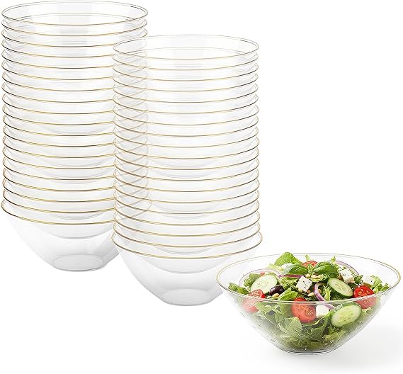 Blue Sky Organic Clear Gold-Rim Disposable Plastic Salad Bowls 1 Pc. - 58oz Premium Quality, Large and Stylish Party Tableware