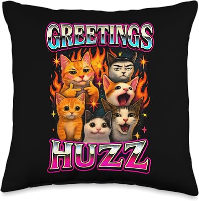 Funny Greetings Huzz Ironic Meme Cats Brainrot Quote Throw Pillow