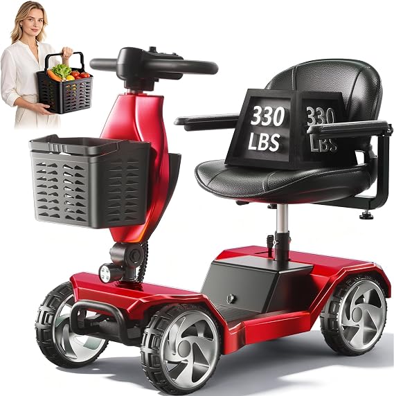 Foldable Mobility Scooters for Seniors, FSA&HSA Eligible, 330LBS Capacity 4 Wheel Lightweight Mobility Scooters for Adults, Powered Electric Mobility Scooters, Folding Travel Motorized Scooters-Red