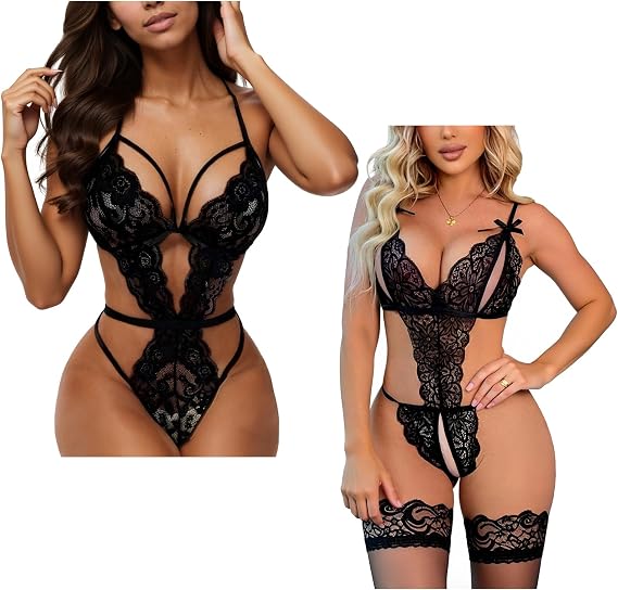 txsrbsj Sexy Women Lingerie High Cut Babydoll One-Piece Women's Lingerie Teddy Lace Bodysuit with stockings for Valentine's Day