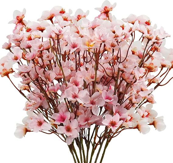 Uieke 24Pcs Artificial Cherry Blossom Flowers, Silk Peach Flowers Faux Cherry Blossom Stems Vase Arrangements for DIY Home Wedding Party Table Decor, Pink