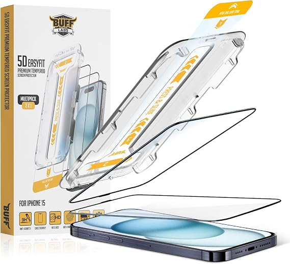 BUFF LABS iPhone 15 5D EasyFit 2 Adet Kolay Uygulama Aparatlı Ekran Koruyucu Temperli Cam