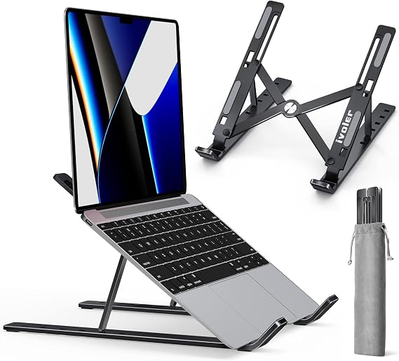Ivoler Adjustable Laptop Riser - Aluminum Ergonomic Foldable Portable Tablet Holder Desk Stand for MacBook, Lenovo, Dell, HP, More 10-15.6” Laptops - Black