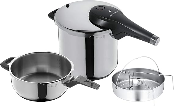 WMF Perfect Premium Pressure Cooker 6.5 L Set of 2 Cooking Levels Single-handed Pressure Regulator Polished & 3,0l with Insert Set Cromargan Stainless Steel, Dishwasher Safe, Diameter 22 cm Suitable for Induction, Stainless Steel, Silver, 2 Units