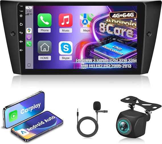 8 Core Qualcomm 4G + 64G Car Radio for BMW 3 Series 325i 328i 335i E90 E91 E92 E93 2005-2013 with Wireless Carplay & Android Car 9 Inch Android Car Radio with WiFi/GPS/Bluetooth 5.1/FM RDS Radio