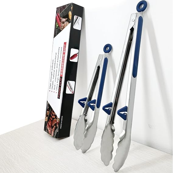 Kitchen Grilling Tongs 9"+12, 2Pcs Stainless Steel Tong for Cooking with Stand, Food Grade Small Serving Tong for Barbecue Salad, Blue