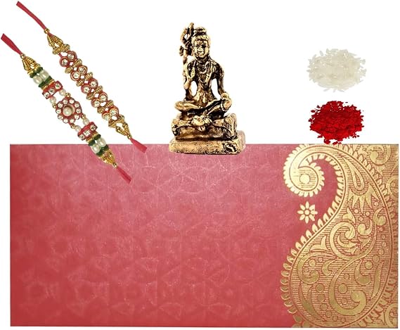 Purpledip Rakhi Set for Brother: 2 Rakshabandhan Bracelets, Roli Chawal Tika, Miniature Statue Shiva Siva (rakhi97a)