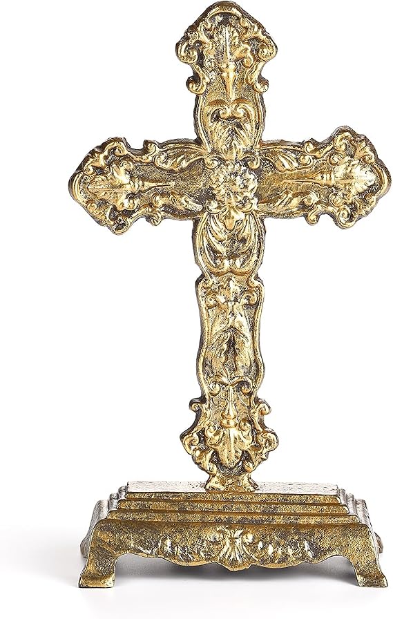 12"H Gold Tabletop Standing Cross with Stand, Religious Cross Statue