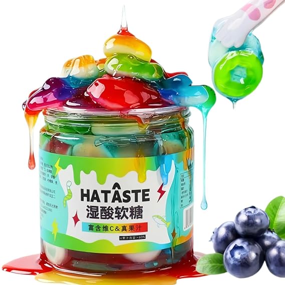 Sour Gooey Crystal Gemstone Gummies with Real Fruit Juice Blueberry Flavor | Sweet & Tangy Wet & Sticky Candy Snacks with Sour Ooze 13.05oz Resealable Jar