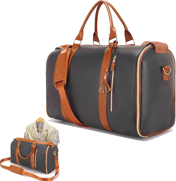 Convertible Garment Duffel Bag for Travel, Large PU Leather Duffle Bag for Men Women,Waterproof Garment Bags for Travel with Built-In Shoe Pocket, 3 in 1 Hanging Suitcase Suit Travel Bags, Black&Brown