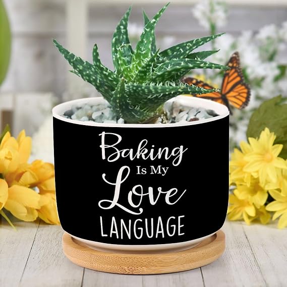 Baking is My Love Language Round Ceramic Flower Pots for Indoor Plants Succulent Herbs Cactus Quote Saying Gardening Plant Pot with Drainage Holes and Saucers