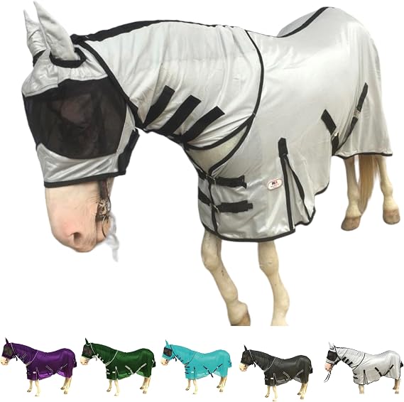 Majestic Ally Horse Fly Sheet with Neck Cover and Head Mask, Breathable UV and Bite Equine Protection, Adjustable Body Straps, Boarding or Turnout Accessory, Contoured Fit (Silver, 72 Inch)