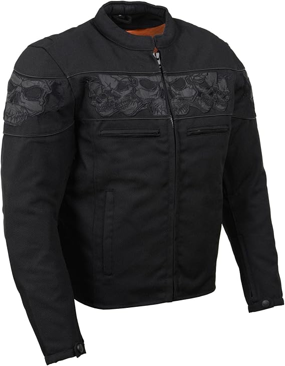 Milwaukee Leather MPM1730 Men's Black Padded Textile All Season Motorcycle Jacket w/Reflective Skulls Artwork
