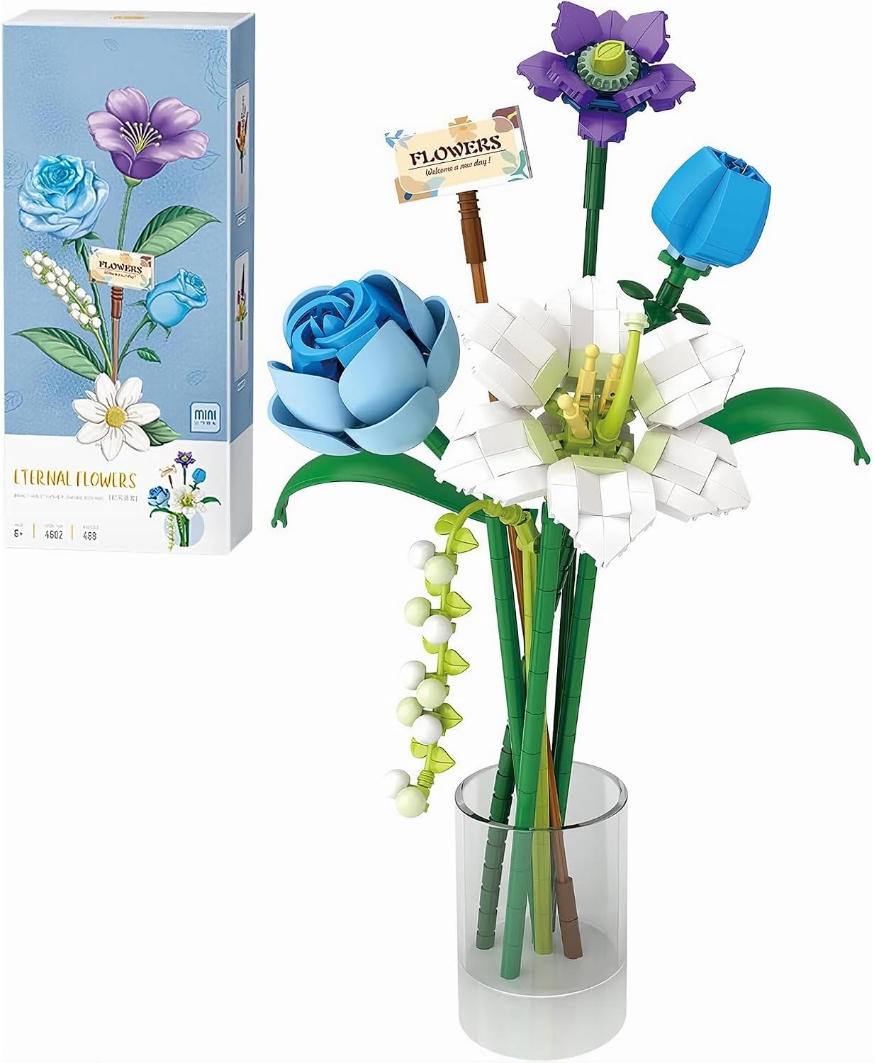 Apexma Flower Bouquet Building Blocks Set, Mini Plant Bricks Botanical Collection Making Toy, Creative Artificial Flowers for Home Decoration 4602-Blue