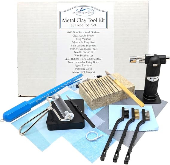 Charmed By Dragons Metal Clay Tool Kit - Includes Tools and Micro Torch to Create Your Own Metal Clay Jewelry 28 Pieces