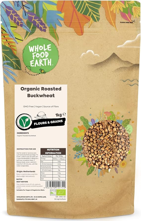Wholefood Earth Organic Roasted Buckwheat – 1 kg | GMO Free | Vegan | Source of Fibre | Certified Organic