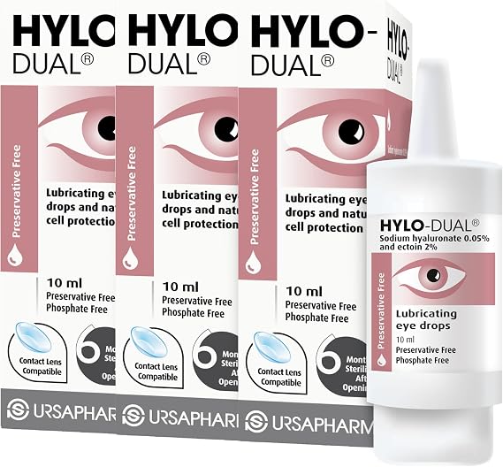 HYLO Dual Triple Pack- Preservative Free Eyedrops - Contains 0.05% Sodium Hyaluronate and 2% Ectoin - Moisturises Dry Eyes and Reduces Allergic Symptoms - 3 x 10ml