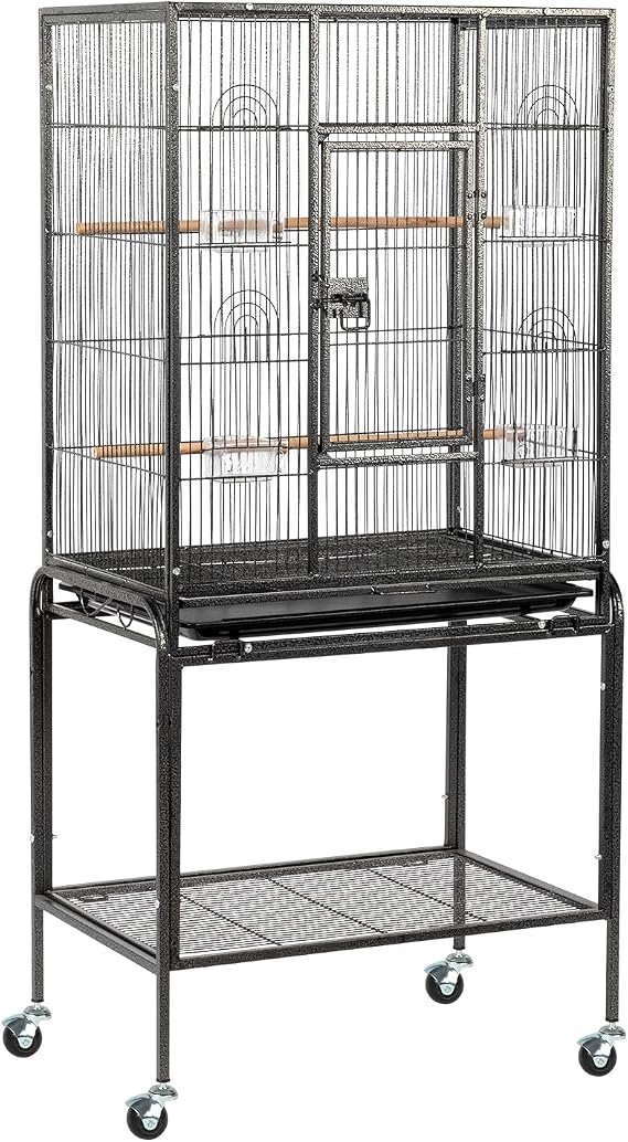 VINGLI 53-inch Bird Cage with Wheels, Durable Wrought Iron Parakeet Cage with Slide Out Tray, Black Bird Cages for Parakeets/Lovebird/Cockatiels/Budgies and Other Small/Medium Birds (Black, 53 inch)