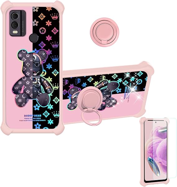 Case for Nokia C22 Case Compatible with Nokia C22 Phone Case Cover [with Tempered Glass Screen Protector][PC + TPU 2 in 1][Ring Support] [Colorful Reflect Light] IMDF-JXX