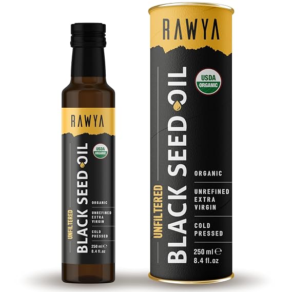 RAWYA Black Seed Oil - Unfiltered - Full Spectrum - 8.4 fl oz -Organic Cold-Pressed, Nigella Sativa - USDA Organic - Natural Supplement - Black Cumin Seed Oil - Strong Flavor & Hi TQ -Glass Bottle