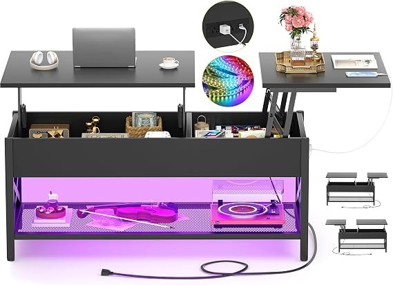 Besiost Coffee Table, Lift Top Coffee Table with Storage, LED Light & Power Outlet and Hidden Compartment, Retro Center Table for Living Room, X Support Wood Tabletop, Metal Frame,Black