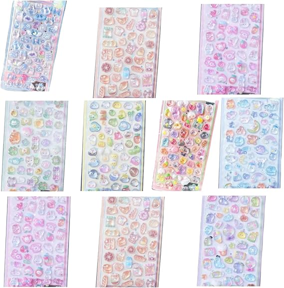 3D Puffy Stickers, Kawaii Stickers Pack,10 Sheets, 450+ Pieces, Cute Funny Sticker for Scrapbooking, Phone Cases, Water Bottles, Laptops, Rewards, Party Favors (10pcs Stickers)