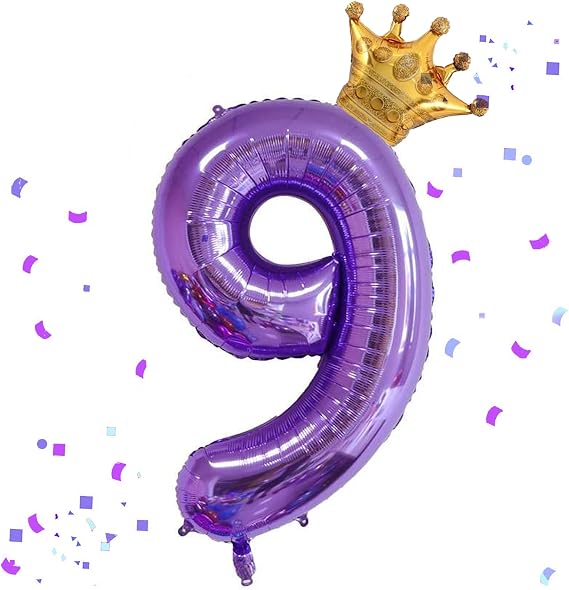40 Inch Purple Number 9 & Mini Crown Balloon for Birthday Party Decorations, 9th Birthday Party Decorations Purple Theme Party Balloons Decorations Supplies