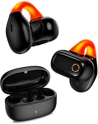 Jiunai Wireless Earbuds for iPhone 17 Pro True Bluetooth 5.3 Headphones Bone Conduction Headphones Flash Light Bud Sweatproof Clip On Earphones for Samsung S25 Pixel Run Travel Gym Black Orange